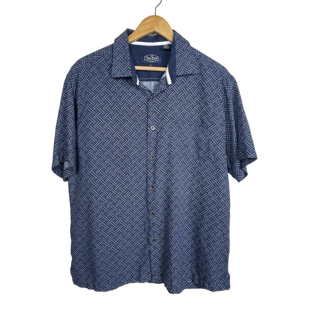 Nat Nast Silk Cotton Blue White Geometric Size L Button Up Shirt